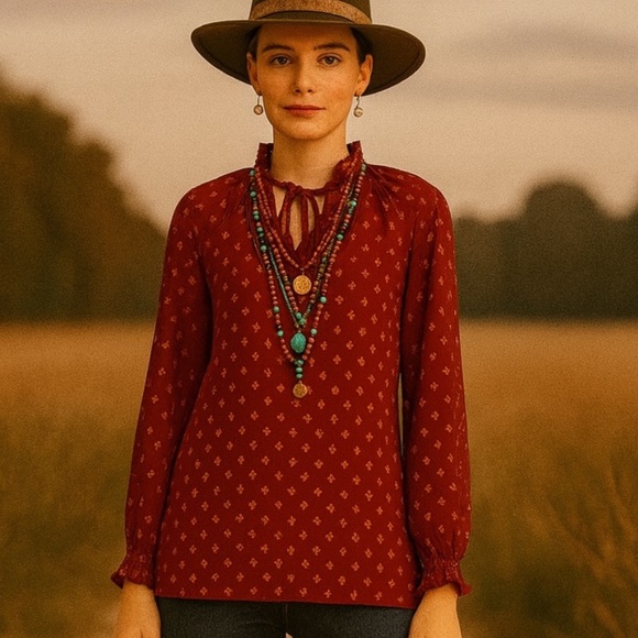 Peasant Blouse Tops - NWT Red Foil Ruffle Relaxed Fit Smocked Peasant Edwardian Holiday Blouse Sz Med